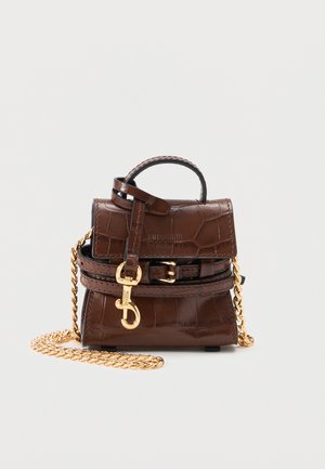 Dark brown croc-embossed leather mini handbag with top handle, gold chain strap, and gold buckle detail on front flap.