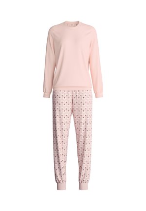 Pink matching pajama set with long-sleeve top and patterned pants. Top is solid, while pants feature a repeated design in darker pink. Soft fabric.