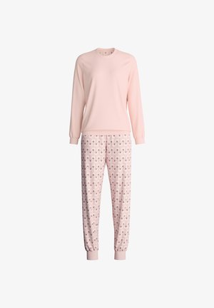 Set di pigiama abbinato in rosa con top a maniche lunghe e pantaloni con motivo. Il top è di un colore solido, mentre i pantaloni presentano un design ripetuto in rosa scuro. Tessuto morbido.