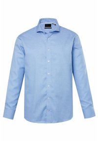 Světle modrá košile na knoflíky s dlouhými rukávy, klasickým límcem a jemným kostkovaným vzorem. Vyrobena z hladké látky s bílými knoflíky.