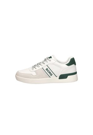 Weißer und beigefarbener Sneaker mit niedrigem Schaft, grünen Akzenten, grauen Schnürsenkeln und "BORG" Markenaufdruck an der Seite.