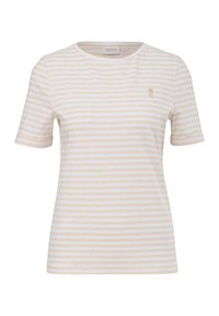 Light beige and white striped t-shirt with short sleeves, round neckline, and a small embroidered logo on the chest. Soft cotton material.