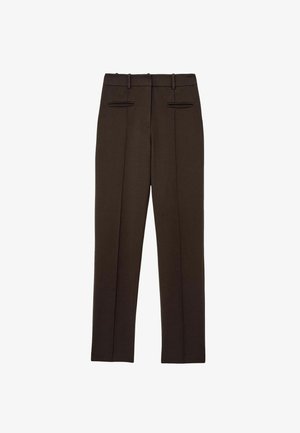 Rudos pritaikytos kelnes su tiesiu fasonu, turinčios dvi priekines kišenes, plokščią priekį ir subtilias raukšles palei kojas.