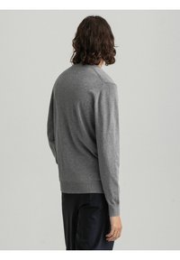 Pull gris à manches longues avec un col rond. Texture douce avec des poignets et un ourlet côtelés. Détails de couture subtils le long des épaules et du dos.