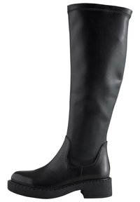 Kniehoge zwarte leren laars met een gladde afwerking, ronde neus en dikke zool. Gestikte accenten versterken het strakke ontwerp.