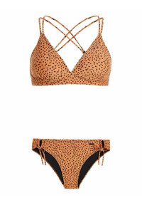 Bikini set met een driehoekige top en een verstelbare zijstrik-onderkant, beide in oranje met zwarte spikkels. Zacht, rekbaar materiaal.