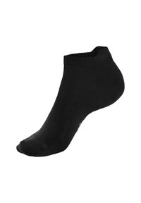 Schwarze Knöchelsocken aus weichem, atmungsaktivem Material mit einem gerippten Bündchen für Halt und einem glatten, nahtlosen Zehenbereich.