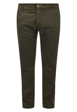 Olive green trousers made of textured fabric, featuring a button closure, front pockets, and a subtle geometric pattern throughout.