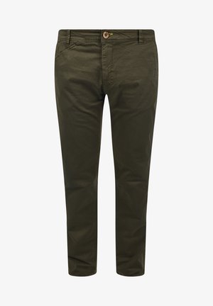 Olijfgroene broek van gestructureerde stof, met een knoopsluiting, zijzakken en een subtiel geometrisch patroon door het hele oppervlak.