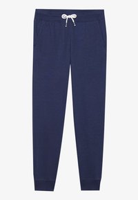 Navy sweatpants made from soft cotton blend, featuring an elastic waistband with white drawstring, side pockets, and cuffed ankles.