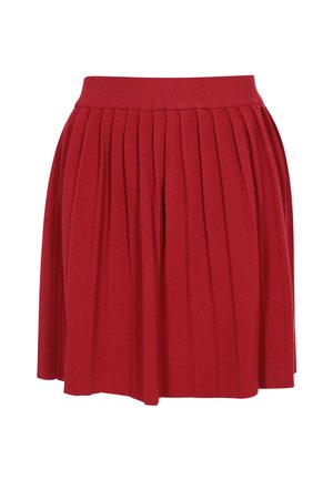 Red pleated skirt with a fitted waistband, made of soft fabric, featuring multiple vertical folds for texture and movement.