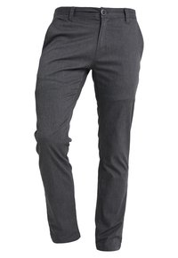 Pantalon gris en tissu lisse ; coupe ajustée avec jambe droite ; doté d'une fermeture à boutons sur le devant et de poches latérales.