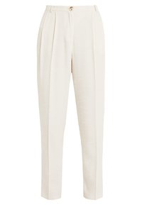 Jasne, kremowe spodnie z dbałością o detale, z zakładkami, wykonane z lekkiego materiału. Posiadają zapięcie na guzik oraz prostą nogawkę. Gładka tekstura.