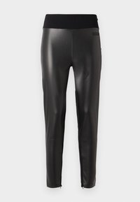 Black faux leather pants with a sleek design, featuring a wide elastic waistband and zippered hems for adjustable fit.