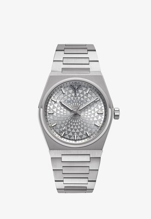 Silberne Armbanduhr aus Edelstahl mit geometrisch gemustertem Zifferblatt, silbernen Stundenmarkierungen, drei Zeigern und einem Gliederarmband aus Metall.