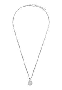 Zilveren ketting met een ronde hanger met richtingsgravure. Het ontwerp is glad met een gepolijste afwerking en een haaksluiting.