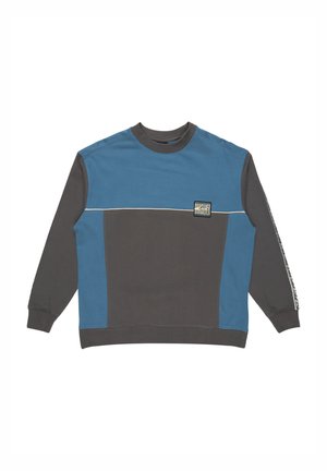 Sweatshirt met een blauw en grijs blokontwerp. Gemaakt van zachte stof met een ronde hals, geribde mouwen en een logo patch op de borst.