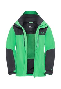 Green and black waterproof jacket with zippered pockets, adjustable hood, and mesh lining. Features a sleek, modern design and durable material.