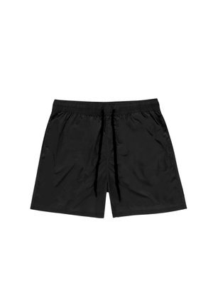 Costume da bagno nero da uomo con cintura elastica e coulisse nera, progettato per un uso informale o da spiaggia.