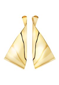 Náušnice ve zlatém tónu se sochařským designem, které obsahují elegantní zakřivené trojúhelníkové tvary a lesklý, reflexní povrch.