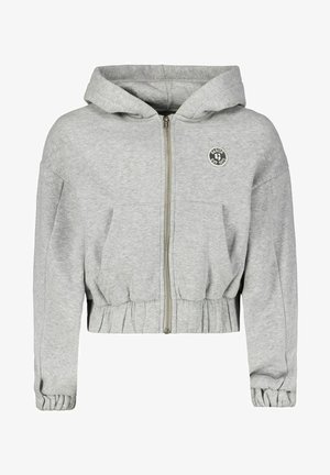 Sweatshirt gris court en tissu doux, avec une fermeture éclair à l'avant, une capuche et un patch logo. Équipé d'une taille et de poignets élastiqués.