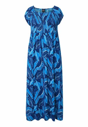 Blue maxi dress with all-over tropical leaf pattern, short sleeves, gathered bust, and flowing skirt.