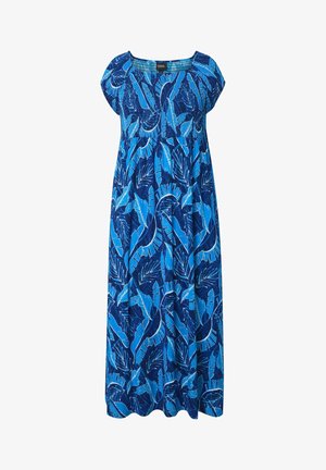 Modré maxi šaty s celoplošným tropickým listovým vzorem, krátkými rukávy, nařaseným živůtkem a splývavou sukní.