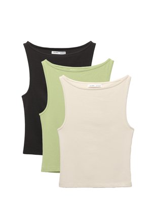 Trois débardeurs sans manches en noir, vert clair et beige. Chacun présente un col rond et une texture douce et côtelée.