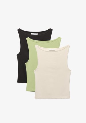 Drie mouwloze tops in zwart, lichtgroen en beige. Elke top heeft een ronde halslijn en een zachte, geribbelde textuur.