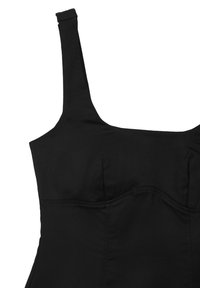 Top nero con scollatura quadrata, spalline larghe e cuciture strutturate nel busto. Tessuto liscio con silhouette aderente.