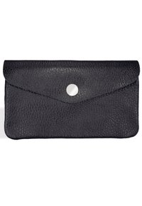 Black leather envelope clutch with textured finish, rounded edges, and a circular cutout on the flap for closure. Flat design, minimalist style.