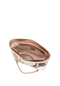 Borsa tote con motivo floreale, esterno beige chiaro, accessori dorati e interno color cuoio. Dotata di scomparti multipli e chiusura con cerniera.
