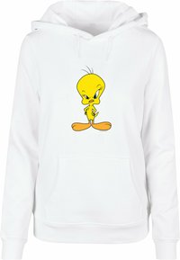 Hvit hettegenser med frontlomme og design av en gul tegneseriefigur. Stoffet ser mykt ut med en avslappet passform og justerbar hette.