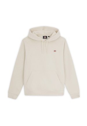 Huppari, jossa on huppu, off-white-värissä, valmistettu pehmeästä kankaasta. Siinä on edessä kenguruhyppykotelo ja pieni logo rinnassa.