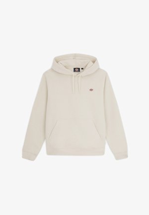 Hooded pullover sweatshirt in off-white, made of soft fabric. Features a front kangaroo pocket and a small logo on the chest.