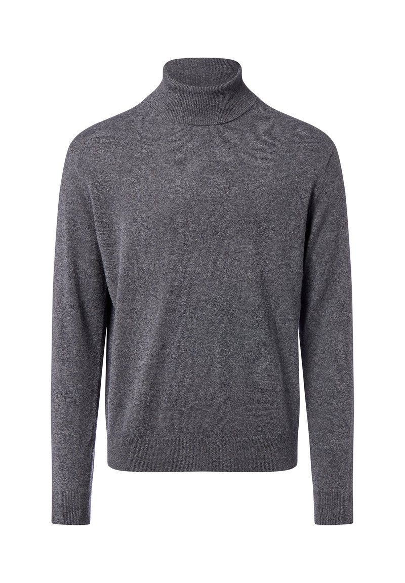 Grauer Rollkragenpullover aus weichem, feinem Strickstoff. Verfügt über lange Ärmel und einen taillierten Kragen. Glatte Textur mit minimalen Details.