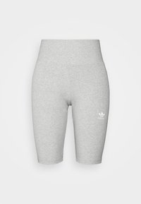 Grå cykelbyxor i bomullsblandning med ribbat midjeband, med en vit Adidas-logotyp på vänster ben. Minimalistisk design, utan mönster.