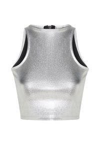Srebrni metalik cropped top bez rukava, s zaobljenim izrezom i crnim detaljima sa strane. Ima zatvaranje na zadnjem dijelu uz pomoć patentnog zatvarača.