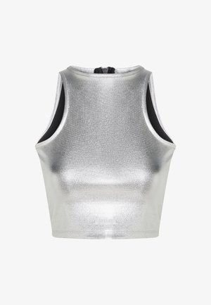 Top corto metallico argento con design senza maniche, scollatura rotonda e dettagli neri sui lati. Presenta una chiusura con zip sul retro.