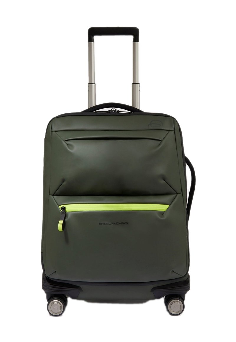 Groene koffer met een gestructureerde afwerking, voorzien van een uitschuifbare handgreep, vier wielen en een voorvak met ritssluiting met een neon groene accenten.