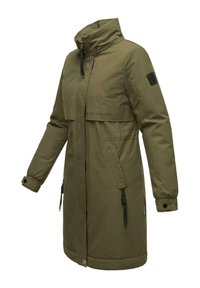 Olive green long jacket with a high collar, zip closure, front pockets, drawstrings, and branded patch on the sleeve. Smooth, waterproof material.