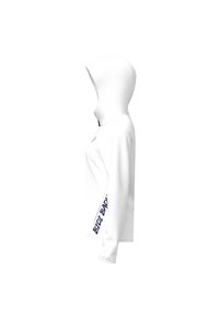 Felpa bianca con un design attillato, maniche lunghe e un cappuccio spazioso. Presenta del testo blu lungo la manica e un sottile dettaglio con spacco laterale.