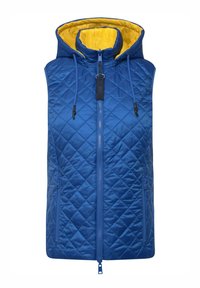 Modrá bezrukávová vesta s diamantovým prošíváním, žlutá podšívka, vysoký výstřih a nastavovací kapuce. Obsahuje přední zip a dvě postranní kapsy.