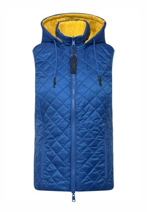 Modrá bezrukávová vesta s diamantovým prošíváním, žlutá podšívka, vysoký výstřih a nastavovací kapuce. Obsahuje přední zip a dvě postranní kapsy.