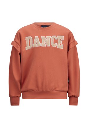 Felpa arancione con polsini e bordo a coste. Caratterizzata dal testo "DANCE" in crema, evidenziato da una finitura testurizzata. Maniche corte con dettaglio piegato.