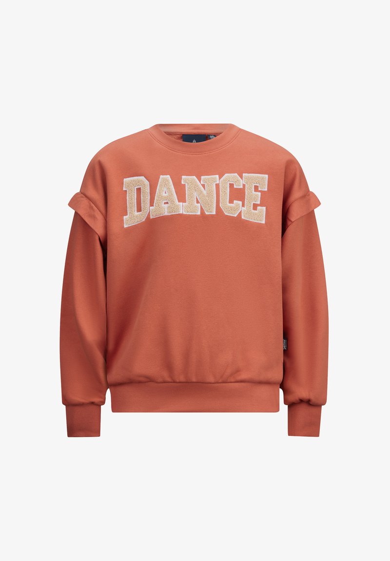 Orangener Sweatshirt mit gerippten Ärmelbündchen und Saum. Mit dem Schriftzug "DANCE" in Creme, der durch eine strukturierte Oberfläche hervorgehoben wird. Kurze Ärmel mit einem Faltendetail.