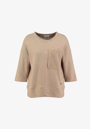 Beiger Pullover mit entspannter Passform, kurzen Ärmeln, einer strukturierten Brusttasche und einem weichen Strickstoff. Hat einen runden Ausschnitt und minimale Details.