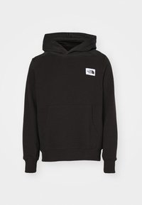 Sweat à capuche noir avec poche avant et petit logo blanc "The North Face" sur le côté gauche de la poitrine, présenté sur un fond clair.
