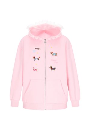 Rózsaszín cipzáras kapucnis pulóver fodros kapucnival. Hímzett kutyás mintákat, csillagokat és "puppy" feliratot tartalmaz különböző színekben. Puha anyagból készült.