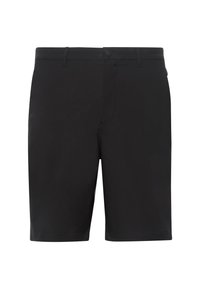 Shorts noirs en tissu léger, dotés d'un devant plat, d'une ceinture standard et de poches latérales. Texture lisse sans motifs apparents.